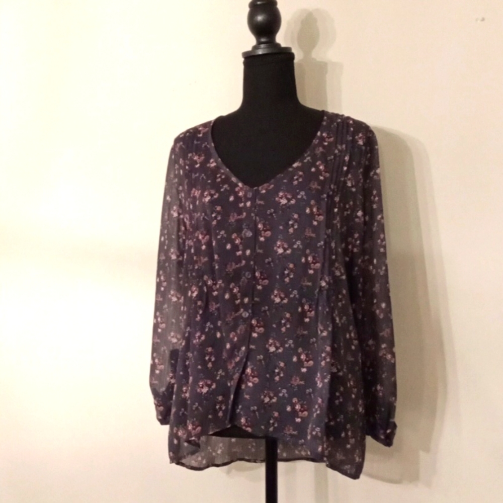 Kina Charcoal Grey Button Down Flowy Floral Tunic Size Large